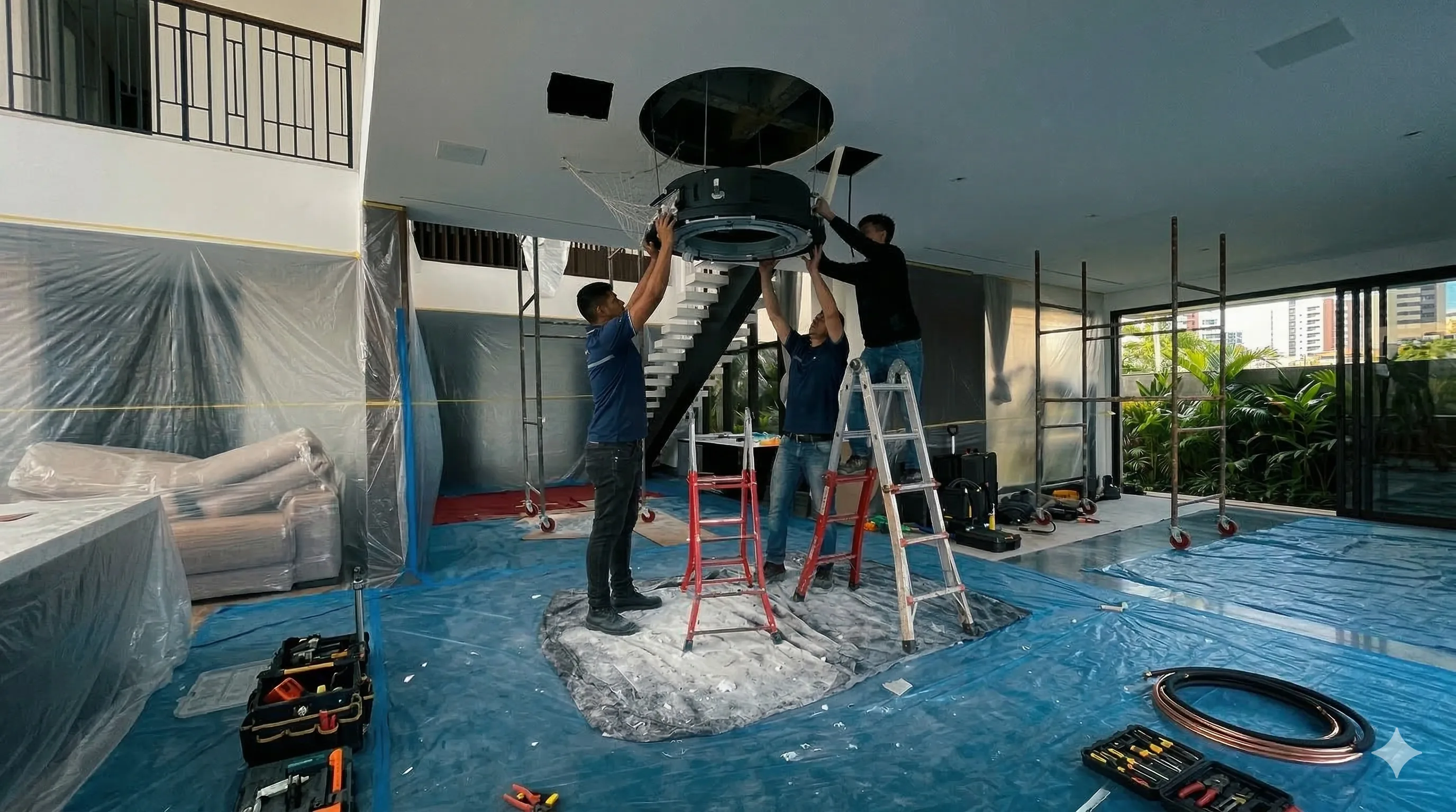 Detalhe da instalação do Cassete 360° Round LG - vista do equipamento embutido no forro